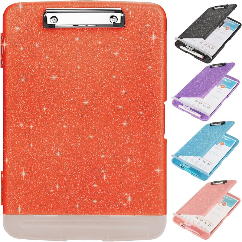 SFLHHDM Glitter Clipboard with Storage,Storage Clipboard with Pen Holder,A4 Binder Clip Boards 8.5x11 with Low Profile Clip,Side Opening Sparkle Clipboards, Clipboards Folder for Office Supplies-Orange - Image 1
